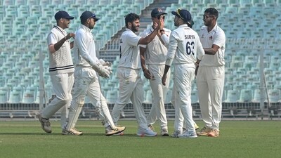 Shardul Thakur celebrates with teammates after taking the wicket of Anuj Thakral during the third day of Ranji Trophy quarter-final match between Mumbai and Haryana. (PTI) Shardul Thakur celebrates with teammates after taking the wicket of Anuj Thakral during the third day of Ranji Trophy quarter-final match between Mumbai and Haryana. (PTI)
