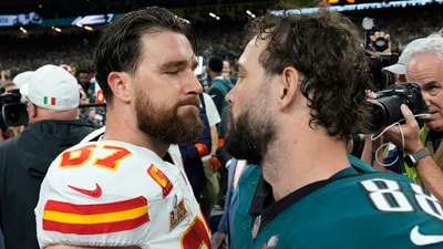 Kansas City Chiefs tight end Travis Kelce, left, greets Philadelphia Eagles tight end Dallas Goedert after the NFL Super Bowl 59 football game, Sunday, Feb. 9, 2025, in New Orleans. (AP) Kansas City Chiefs tight end Travis Kelce, left, greets Philadelphia Eagles tight end Dallas Goedert after the NFL Super Bowl 59 football game, Sunday, Feb. 9, 2025, in New Orleans. (AP)