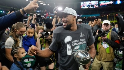 Philadelphia Eagles running back Saquon Barkley celebrates with the Vince Lombardi Trophy after a win over the Kansas City Chiefs in the NFL Super Bowl 59 football game, Sunday, Feb. 9, 2025, in New Orleans. (AP) Philadelphia Eagles running back Saquon Barkley celebrates with the Vince Lombardi Trophy after a win over the Kansas City Chiefs in the NFL Super Bowl 59 football game, Sunday, Feb. 9, 2025, in New Orleans. (AP)