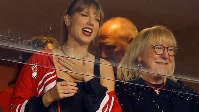 Taylor Swift wore a red and white Varsity jacket for her appearance at the Kansas City Chiefs and the Denver Broncos at GEHA Field at Arrowhead Stadium on October 12, 2023 in Kansas City, Missouri&nbsp; (Getty Images via AFP)