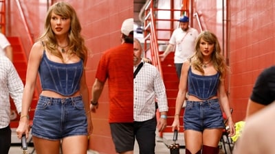 Taylor Swift donned a denim-on-denim look as she sauntered into Missouri's Arrowhead Stadium to support boyfriend and Chiefs football tight end, Travis Kelce on September 5, 2024 (Photos: X)