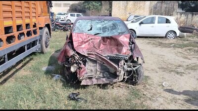 The mangled remains of the car after the mishap. (HT Photo) The mangled remains of the car after the mishap. (HT Photo)