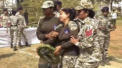 The wife of head constable Naresh Dhruv, who was killed in the Bijapur Naxal encounter on Sunday, breaks down while paying tribute to her husband, during a wreath-laying ceremony in Chhattisgarh’s capital Raipur, on Monday. (PTI) The wife of head constable Naresh Dhruv, who was killed in the Bijapur Naxal encounter on Sunday, breaks down while paying tribute to her husband, during a wreath-laying ceremony in Chhattisgarh’s capital Raipur, on Monday. (PTI)