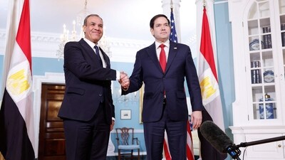 WASHINGTON, DC - FEBRUARY 10: Egyptian Foreign Minister Badr Abdelatty (L) and U.S. Secretary of State Marco Rubio shake hands during a photo opportunity ahead of a meeting in the U.S. State Department Building on February 10, 2025 in Washington, DC. (Photo by Anna Moneymaker / GETTY IMAGES NORTH AMERICA / Getty Images via AFP) WASHINGTON, DC - FEBRUARY 10: Egyptian Foreign Minister Badr Abdelatty (L) and U.S. Secretary of State Marco Rubio shake hands during a photo opportunity ahead of a meeting in the U.S. State Department Building on February 10, 2025 in Washington, DC. (Photo by Anna Moneymaker / GETTY IMAGES NORTH AMERICA / Getty Images via AFP)