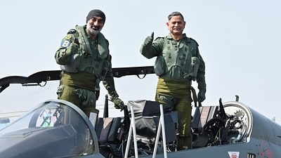 Chief of Army Staff (COAS) General Upendra Dwivedi undertakes a joint sortie with Chief of the Air Staff Air Chief Marshal AP Singh in Light Combat Aircraft (LCA) Tejas, at the Air Force Station, Yelahanka in Bengaluru on Sunday. (adgpi-x)
