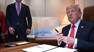 US President Donald Trump speaks to the press after signing a proclamation renaming the Gulf of Mexico as the Gulf of America aboard Air Force One, as it flies over the Gulf enroute to New Orleans, Louisiana on February 09, 2025. (AFP) US President Donald Trump speaks to the press after signing a proclamation renaming the Gulf of Mexico as the Gulf of America aboard Air Force One, as it flies over the Gulf enroute to New Orleans, Louisiana on February 09, 2025. (AFP)