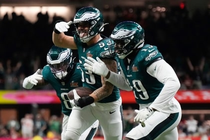 Philadelphia Eagles linebacker Zack Baun (53) celebrates with teammates after intercepting a pass during the first half of the NFL Super Bowl 59 football game against the Kansas City Chiefs. (AP) Philadelphia Eagles linebacker Zack Baun (53) celebrates with teammates after intercepting a pass during the first half of the NFL Super Bowl 59 football game against the Kansas City Chiefs. (AP)
