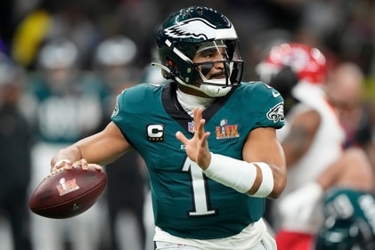 Philadelphia Eagles quarterback Jalen Hurts looks to throw against the Kansas City Chiefs during the first half of the NFL Super Bowl 59 football game. (AP) Philadelphia Eagles quarterback Jalen Hurts looks to throw against the Kansas City Chiefs during the first half of the NFL Super Bowl 59 football game. (AP)