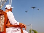Defence Minister Rajnath Singh watches the fly-past during the inauguration of Aero India 2025, in Bengaluru. Defence Minister Rajnath Singh watches the fly-past during the inauguration of Aero India 2025, in Bengaluru.