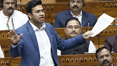 BJP leader and Bengaluru South MP Tejasvi Surya. (SansadTV YouTube) BJP leader and Bengaluru South MP Tejasvi Surya. (SansadTV YouTube)