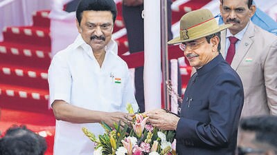 MK Stalin with RN Ravi during Republic Day celebrations in Chennai. (PTI) MK Stalin with RN Ravi during Republic Day celebrations in Chennai. (PTI)