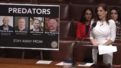 Nancy Mace, the South Carolina Republican, displayed a number of props to support her explosive claims. These included handcuffs, cameras, a safe, and a drinking glass. Nancy Mace, the South Carolina Republican, displayed a number of props to support her explosive claims. These included handcuffs, cameras, a safe, and a drinking glass.