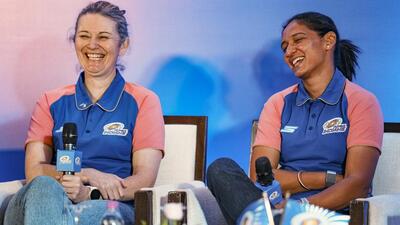Mumbai Indians' Charlotte Edwards, left, and Harmanpreet Kaur during the pre-season WPL presser. (PTI)