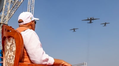 Defence Minister Rajnath Singh watches the fly-past during the inauguration of Aero India 2025, in Bengaluru. (PTI) Defence Minister Rajnath Singh watches the fly-past during the inauguration of Aero India 2025, in Bengaluru. (PTI)
