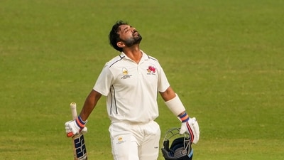 Kolkata: Mumbai batter Ajinkya Rahane celebrates after scoring a century on the fourth day of the Ranji Trophy quarterfinal match between Haryana and Mumbai at Eden Gardens, in Kolkata, West Bengal, Tuesday, Feb. 11, 2025. (PTI Photo/Swapan Mahapatra) (PTI02_11_2025_000032B) (PTI) Kolkata: Mumbai batter Ajinkya Rahane celebrates after scoring a century on the fourth day of the Ranji Trophy quarterfinal match between Haryana and Mumbai at Eden Gardens, in Kolkata, West Bengal, Tuesday, Feb. 11, 2025. (PTI Photo/Swapan Mahapatra) (PTI02_11_2025_000032B) (PTI)