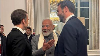 Prime Minister Narendra Modi with French president Emmanuel Macron and US vice president JD Vance in Paris. (PTI) Prime Minister Narendra Modi with French president Emmanuel Macron and US vice president JD Vance in Paris. (PTI)