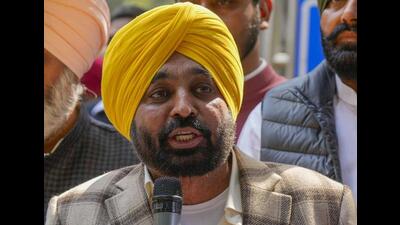 Punjab chief minister Bhagwant Mann talking to the media after a meeting Aam Aadmi Party national convener Arvind Kejriwal at the Kapurthala House in New Delhi on Tuesday. (PTI Photo)