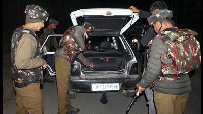 Security personnel conduct search operation after an IED was set off by suspected terrorists near the LoC at Akhnoor sector in Jammu on Tuesday. (PTI)