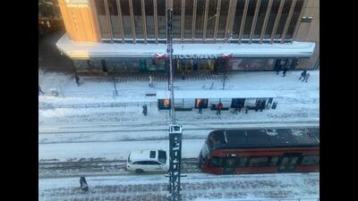 The view of a street from a sixth-floor window in Finland’s sauna capital of Tampere last December. (Photo by the writer) The view of a street from a sixth-floor window in Finland’s sauna capital of Tampere last December. (Photo by the writer)