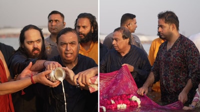 Mukesh Ambani took the holy dip with his sons Anant and Akash, along with their wives Radhika and Shloka. Mukesh Ambani took the holy dip with his sons Anant and Akash, along with their wives Radhika and Shloka.