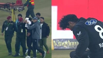 New Zealand's Rachin Ravindra (C) receives medical attention after being hit on the head by the ball during the Tri-Nation's first one-day international cricket match between Pakistan and New Zealand New Zealand's Rachin Ravindra (C) receives medical attention after being hit on the head by the ball during the Tri-Nation's first one-day international cricket match between Pakistan and New Zealand