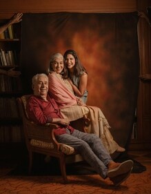 Aahana Kumra with Naseeruddin Shah and Ratna Pathak Shah during the shooting of the podcast