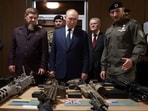 Russian President Vladimir Putin, accompanied by the head of the Chechen Republic, Ramzan Kadyrov, inspects NATO military trophies captured in the battles in Ukraine during his visit to the Russian Special Forces University in Gudermes, Chechen Republic, Russia.