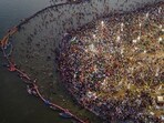 Rush of devotees at the Sangam on the eve of 'Magh Purnima', during the ongoing Mahakumbh Mela in Prayagraj. (PTI)