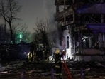 Firefighters work at a site of a Russian missile strike, amid Russia's attack on Ukraine, in Kyiv Ukraine 