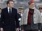 French President Emmanuel Macron, left, and Prime Minister Narendra Modi attend a departure ceremony at Marseille Provence airport in Marignane as part of a visit in Marseille, on Feb 12. French President Emmanuel Macron, left, and Prime Minister Narendra Modi attend a departure ceremony at Marseille Provence airport in Marignane as part of a visit in Marseille, on Feb 12.