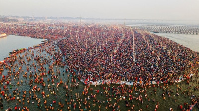 An aerial view of Triveni Sangam as devotees take 'Amrit Snan' on the occasion of 'Magh Purnima' on Wednesday (ANI)