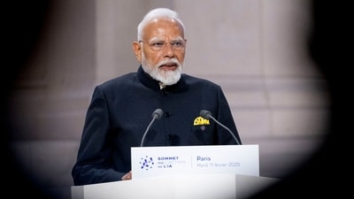 Narendra Modi, India's prime minister, speaks at Station F during the AI Action Summit in Paris, France, on Tuesday, Feb. 11, 2025. (Bloomberg/Nathan Laine)