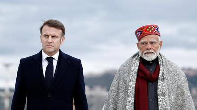 French President Emmanuel Macron and Indian Prime Minister Narendra Modi at Marseille Provence airport in France on Wednesday. (REUTERS) French President Emmanuel Macron and Indian Prime Minister Narendra Modi at Marseille Provence airport in France on Wednesday. (REUTERS)