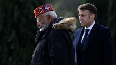 French President Emmanuel Macron and Indian Prime Minister Narendra Modi visit the Mazargues cemetery to remember Indian soldiers killed in World War One as part of a visit in Marseille, France, on February 12. (REUTERS) French President Emmanuel Macron and Indian Prime Minister Narendra Modi visit the Mazargues cemetery to remember Indian soldiers killed in World War One as part of a visit in Marseille, France, on February 12. (REUTERS)
