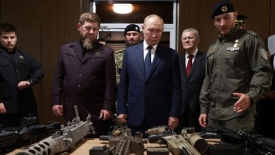 Russian President Vladimir Putin, accompanied by the head of the Chechen Republic, Ramzan Kadyrov, inspects NATO military trophies captured in the battles in Ukraine during his visit to the Russian Special Forces University in Gudermes, Chechen Republic, Russia. (AP File)