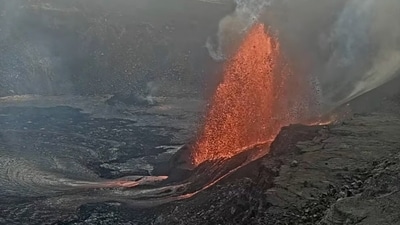 The U.S. Geological Survey shows lava erupting from Haleumaumau Crater at the summit of Kilauea volcano inside Hawaii Volcanoes National Park, Hawaii., on Tuesday, Feb. 11, 2025. (U.S. Geological Survey via AP) (AP) The U.S. Geological Survey shows lava erupting from Haleumaumau Crater at the summit of Kilauea volcano inside Hawaii Volcanoes National Park, Hawaii., on Tuesday, Feb. 11, 2025. (U.S. Geological Survey via AP) (AP)