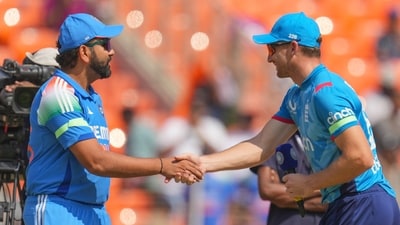 Rohit Sharma (L) and Jos Buttler shake hands at the toss but did you notice something different here? (AP) Rohit Sharma (L) and Jos Buttler shake hands at the toss but did you notice something different here? (AP)