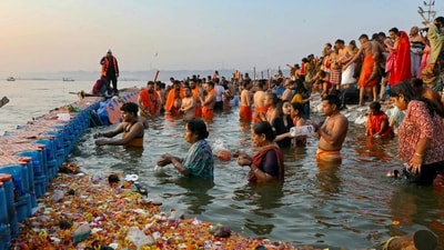 Pilgrims take a holy dip in Sangam, the confluence of Ganges, Yamuna and mythical Saraswati rivers, on the occasion of Maghi Purnima during the Maha Kumbh Mela festival in Prayagraj on February 12, 2025. (Photo by Niharika KULKARNI / AFP) (AFP) Pilgrims take a holy dip in Sangam, the confluence of Ganges, Yamuna and mythical Saraswati rivers, on the occasion of Maghi Purnima during the Maha Kumbh Mela festival in Prayagraj on February 12, 2025. (Photo by Niharika KULKARNI / AFP) (AFP)
