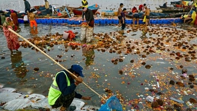 Workers clean the Triveni Sangam, the confluence of Ganges, Yamuna and mythical Saraswati rivers, on the occasion of Maghi Purnima. (AFP) Workers clean the Triveni Sangam, the confluence of Ganges, Yamuna and mythical Saraswati rivers, on the occasion of Maghi Purnima. (AFP)