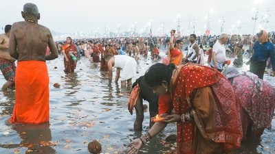 Devotees perform rituals while taking holy dip at the Sangam on the occasion of 'Maghi Purnima' during the ongoing Maha Kumbh Mela, in Prayagraj. (PTI/Shahbaz Khan) Devotees perform rituals while taking holy dip at the Sangam on the occasion of 'Maghi Purnima' during the ongoing Maha Kumbh Mela, in Prayagraj. (PTI/Shahbaz Khan)