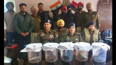 Police officials with the accused and the seized firearms in Fatehgarh Sahib on Wednesday. (HT photo)
