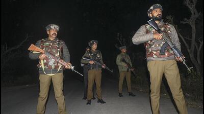 Security personnel keeping vigil after an improvised explosive device (IED) was set off by suspected terrorists near the Line of Control (LoC) in the Akhnoor sector of Jammu region on Tuesday. Two personnel, including a captain, were killed in the incident. (PTI Photo) Security personnel keeping vigil after an improvised explosive device (IED) was set off by suspected terrorists near the Line of Control (LoC) in the Akhnoor sector of Jammu region on Tuesday. Two personnel, including a captain, were killed in the incident. (PTI Photo)