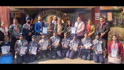 The Bharat Scouts and Guides team from Ludhiana with their certificates at the 75th National Golden Jamboree in Tamil Nadu. (HT Photo)
