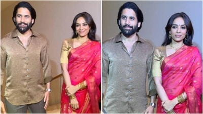 Sobhita Dhulipala stuns in pink Kanjivaram saree at Thandel success party with Naga Chaitanya. (Instagram) Sobhita Dhulipala stuns in pink Kanjivaram saree at Thandel success party with Naga Chaitanya. (Instagram)