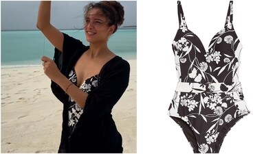 Triptii Dimri stuns in stylish black floral swimsuit during her Maldives getaway. (Instagram/@tripti_dimri) Triptii Dimri stuns in stylish black floral swimsuit during her Maldives getaway. (Instagram/@tripti_dimri)
