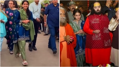 Radhika Ambani dazzled in a royal navy kurta at Mahakumbh Mela, while Anant Ambani looked regal in red. (Instagram/@ambani_update) Radhika Ambani dazzled in a royal navy kurta at Mahakumbh Mela, while Anant Ambani looked regal in red. (Instagram/@ambani_update)