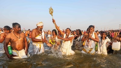 The total number of pilgrims visiting the Mela grounds has reached 38.83 million, while Kalpwasis staying in the area has crossed 10 million. (PTI) The total number of pilgrims visiting the Mela grounds has reached 38.83 million, while Kalpwasis staying in the area has crossed 10 million. (PTI)