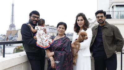 Chiranjeevi with his family, including granddaughter Klin Kaara. Chiranjeevi with his family, including granddaughter Klin Kaara.