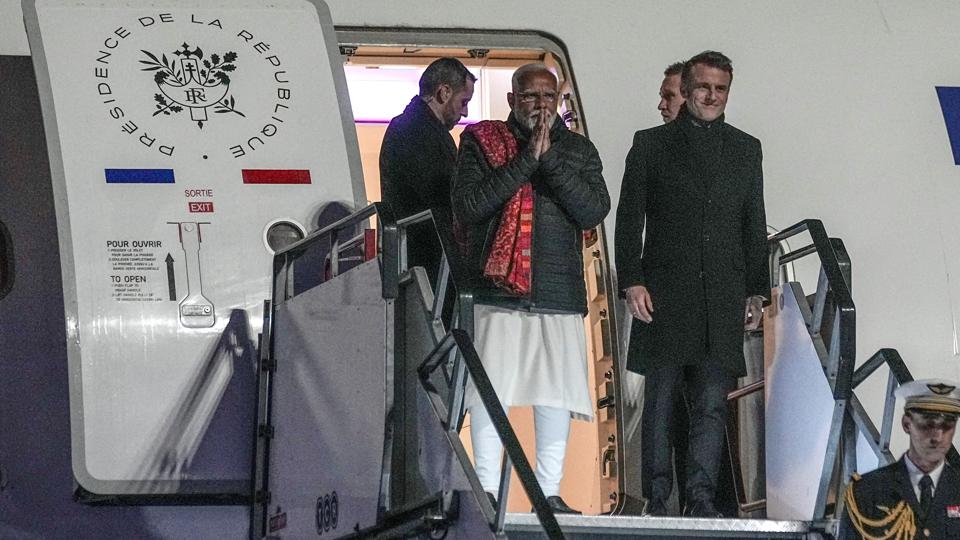 Prime Minister Narendra Modi and French President Emanuel Macron arrive after the Artificial Intelligence Action Summit in Paris at Marseille Provence airport in Marignane, southern France, on Feb 11 (REUTERS) Prime Minister Narendra Modi and French President Emanuel Macron arrive after the Artificial Intelligence Action Summit in Paris at Marseille Provence airport in Marignane, southern France, on Feb 11 (REUTERS)
