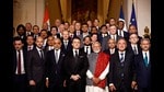 French President Emmanuel Macron (C-L) and Indian Prime Minister Narendra Modi (C-R) pose for a family picture before the closing session of the Franco-Indian Economic Forum at the Quai d'Orsay following the Artificial Intelligence (AI) Action Summit in Paris, on February 11, 2025. (Photo by Abdul Saboor / POOL / AFP) (AFP)